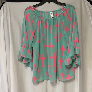 Rouge Helium Teal and Pink Cross Blouse